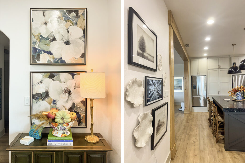 Side by side images of the Amazon Echo Show in a gallery wall with other art in the room